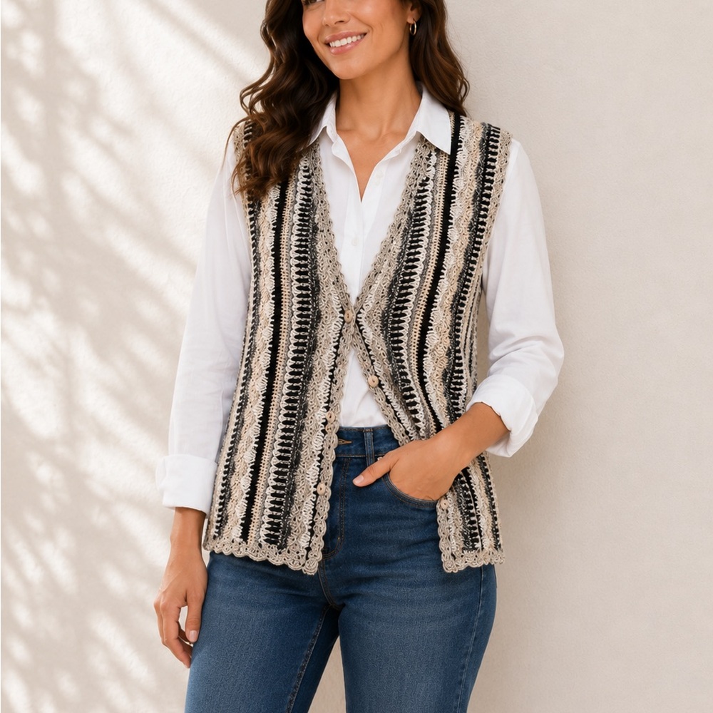 Talbots long Neutral Crochet Stripe Vest S